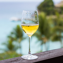 Glass of wine on balcony rail