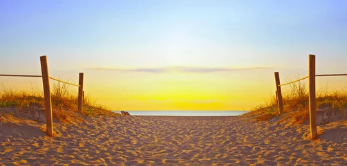 Photo sur Plexiglas Été Chemin sur le sable allant à l& 39 océan à Miami Beach en Floride au lever ou au coucher du soleil, magnifique paysage naturel, filtre instagram rétro pour des looks vintage