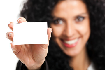  Businesswoman holding a blank card