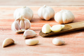 Organic garlic whole and cloves on the wooden background