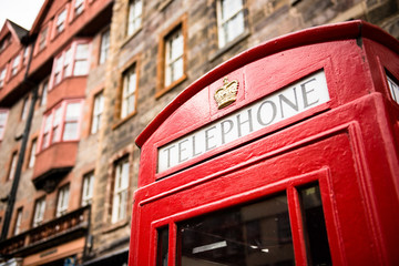Classic red phone cabin in the streets of Edinburgh.