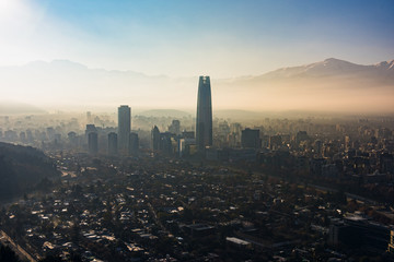 Cityscape of Santiago de Chile on a foggy day.