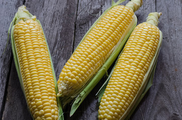 corn cob and green leaves on wooden background