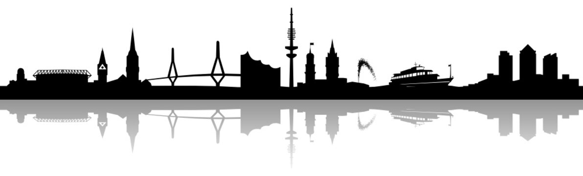 black silhouette cityscape with reflection on white clip art preview