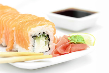 Sushi roll philadelphia with ginger and wasabi