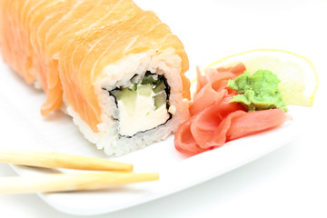 Sushi roll philadelphia with ginger and wasabi