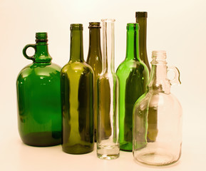 Green and white glass bottles