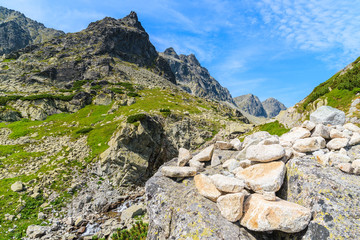 Pile of stones on rock in Starolesna valley in High Tatra Mountains on sunny summer day, Slovakia
