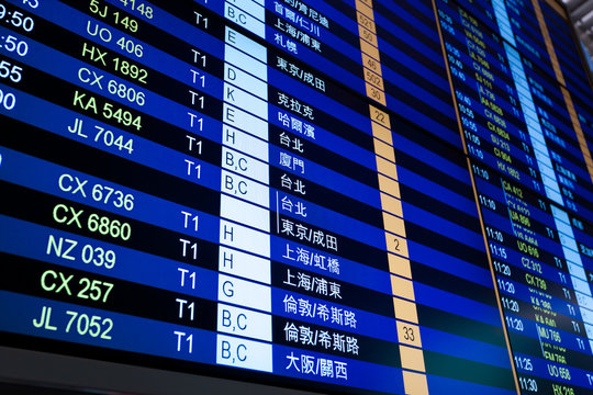 Flight information board on chineese language in airport.