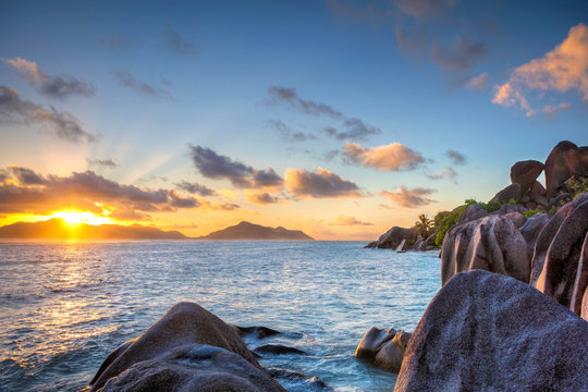 Anse Source d'Argent Sonnenuntergang, La Digue - Seychellen