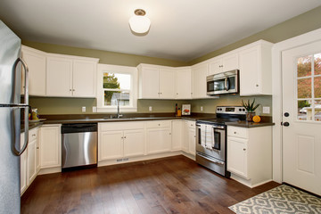 Classic kitchen with green interior paint, and white cabinets.