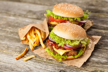 Delicious hamburger and fries