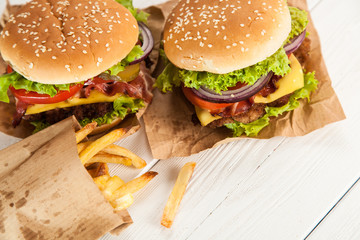 Delicious hamburger and fries