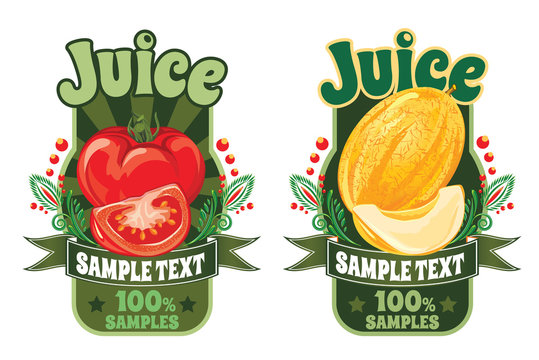 set of templates for labels of juice from the fruit of ripe sweet yellow melon and fresh red tomato