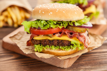 Delicious hamburger and fries