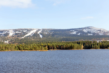 Panorama of the Ural mountains and blue lake