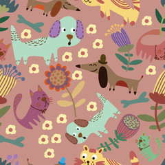 Cute childish seamless with funny pets in flowers. Seamless patt