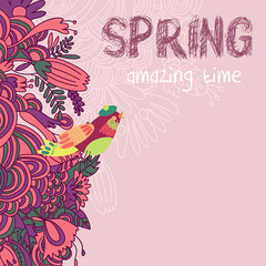 Beautiful greeting card with flowers and bird.Bright illustratio