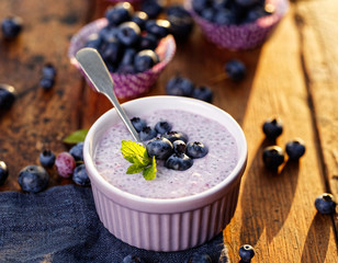 Chia seed pudding with fresh organic blueberries