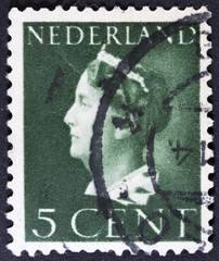 NETHERLANDS - CIRCA 1940: A stamp printed in Netherlands shows portrait of Queen Wilhelmina - Queen...
