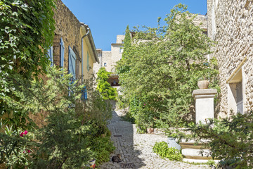 narrow street with houses and flowers in an old village in south