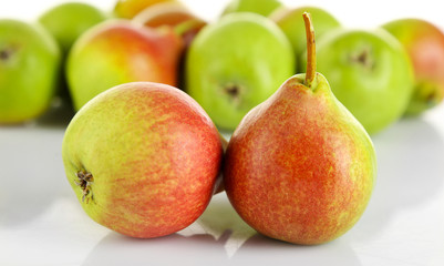 Heap of ripe tasty pears close up
