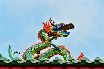 Fototapeta na wymiar Colorful dragon on the rooftop of the Kheng Hock Keong Buddhist Temple in China Town, Yangon, Myanmar.