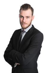 Attractive businessman in his 20s wearing a black suit with an black tie