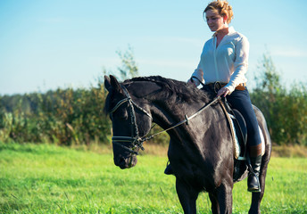 black  dressage horse with rider in autumn field