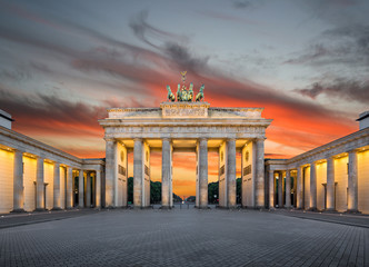 Illuminated Brandenburg Gate at sunset, Berlin, Germany