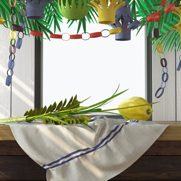 Symbols of the Jewish holiday Sukkot with palm leaves