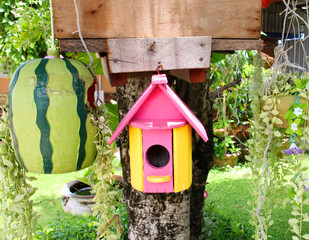 wooden birdhouse hung on tree