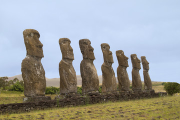 Seven statues (moai) at Ahu Akivi.Easter Island,Chile