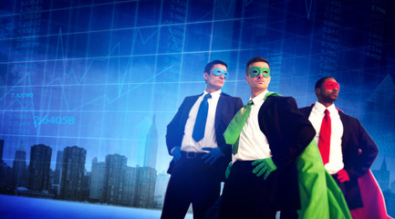 Superhero Business People Strength Cityscape Stock Exchange Conc