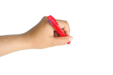 Female hand holding pen to white something isolated on white background