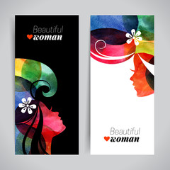Set of banners with watercolor beautiful girl silhouettes