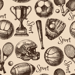 Hand drawn sketch sport seamless pattern with balls