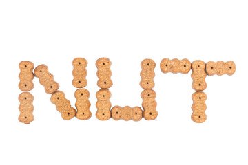 Groundnut shaped biscuit forming the word NUT