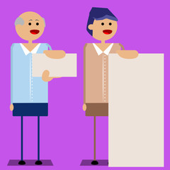 Vector set of old and young businessman present whiteboard and card on purple background.