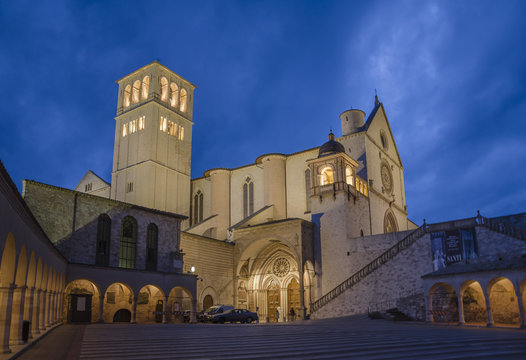 Basilica of St. Francis of Assisi at dusk, Umbria, Italy 