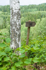Wooden directional arrow sign of hiking trail