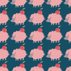 Forest friends collection. Lovely hedgehog carrying an apple. Cute childish seamless pattern in cartoon style. Seamless pattern can be used for wallpapers, pattern fills, surface textures.