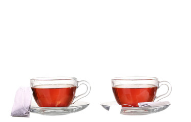 collage Cup of tea with teabag on white background