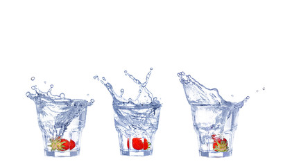 collageStrawberries, ice cubes into the glass
