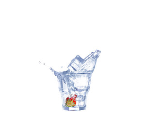 Strawberries, ice cubes into the glass