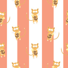 Seamless pattern with cute cartoon cats on a striped background.
