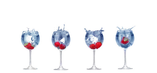 collage Strawberry splash in a cocktail glass on white
