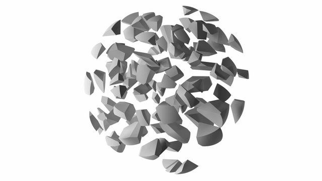 Endless rotation loop of an abstract explosion 3d object, cloud of spherical fragments isolated on white background
