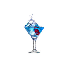 blue cocktail with cherry splash on white