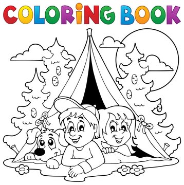 Coloring Book Kids Camping In Forest